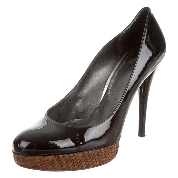 STUART Weitzman Size 9.5 Black Gloss Platform Tweed Stiletto Pumps Heels - Picture 2 of 5